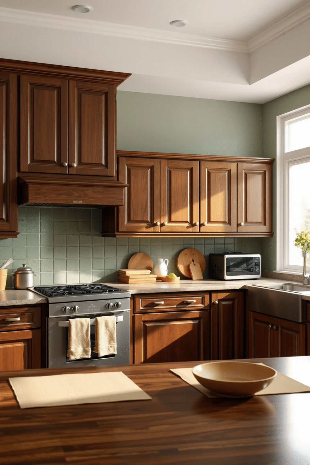 Kitchen interior with rich brown cabinetry, muted green accent walls, and soft tan textiles, showcasing earth tones and natural light, no text, no words, no typography, no labels, clean image, no humans, no people, no hands, no body parts