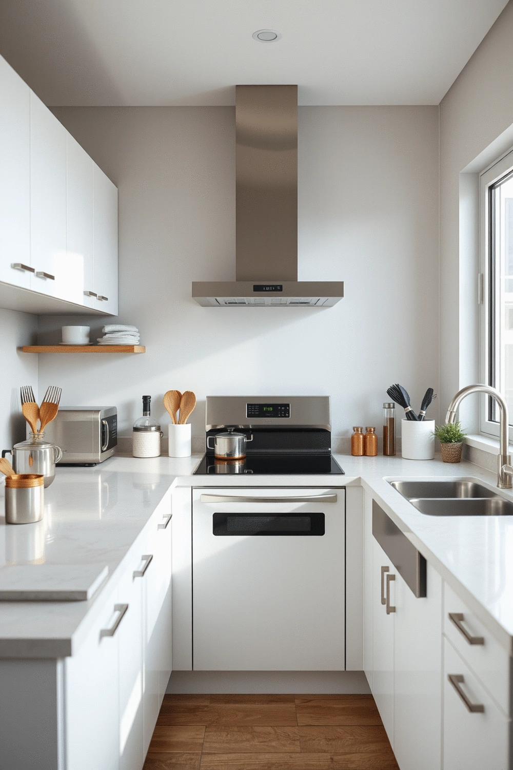 Modern kitchen interior with organized countertops and sleek appliances