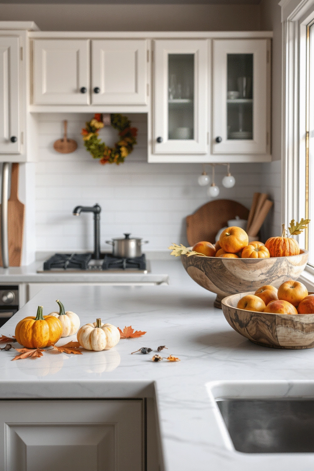 Kitchen counter with seasonal autumn decor, including small gourds, fall leaves, and a rustic wooden bowl with apples, soft natural light