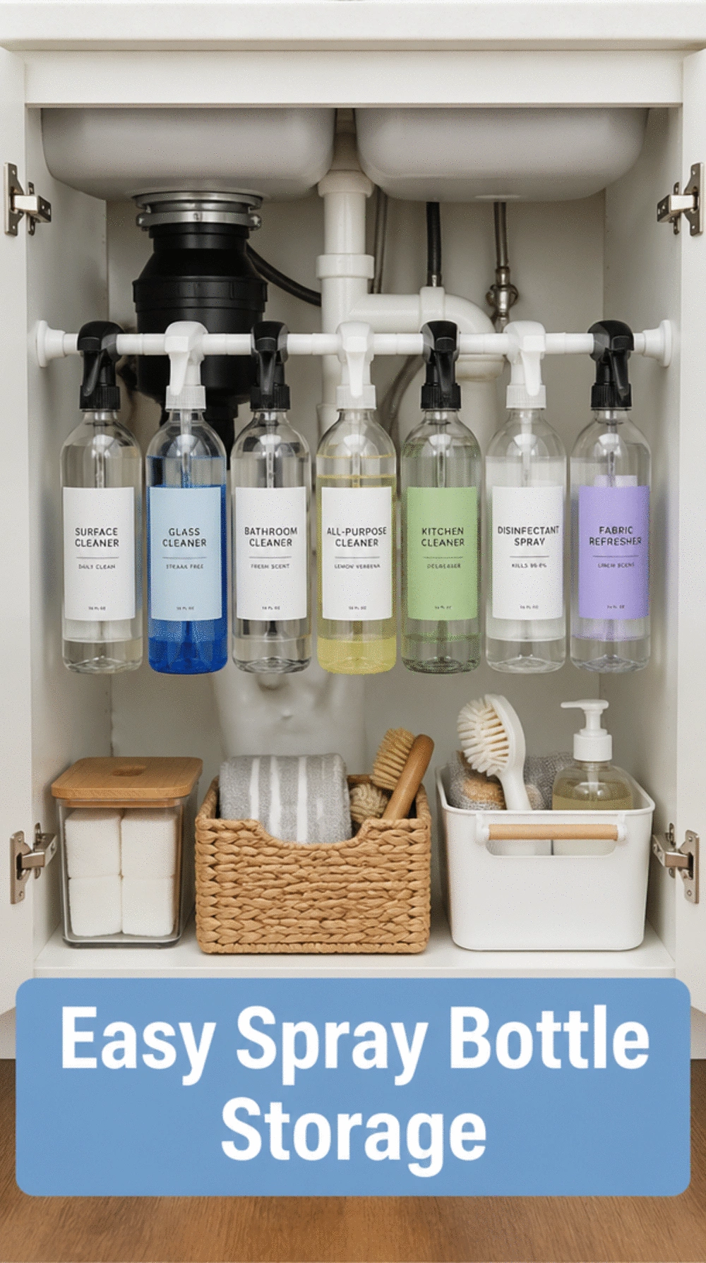 Kitchen Under-Sink Tension Rod That Holds Spray Bottle Necks Vertically