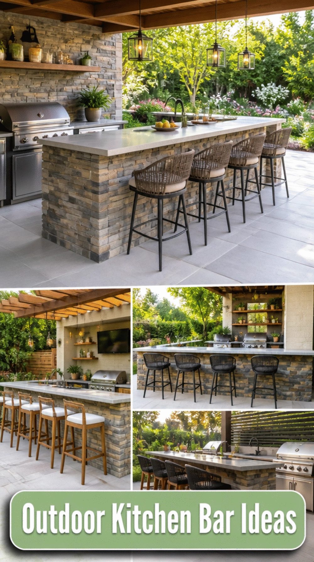 Outdoor Kitchen Bar Counter with Stone Cladding and Integrated Bar Stools