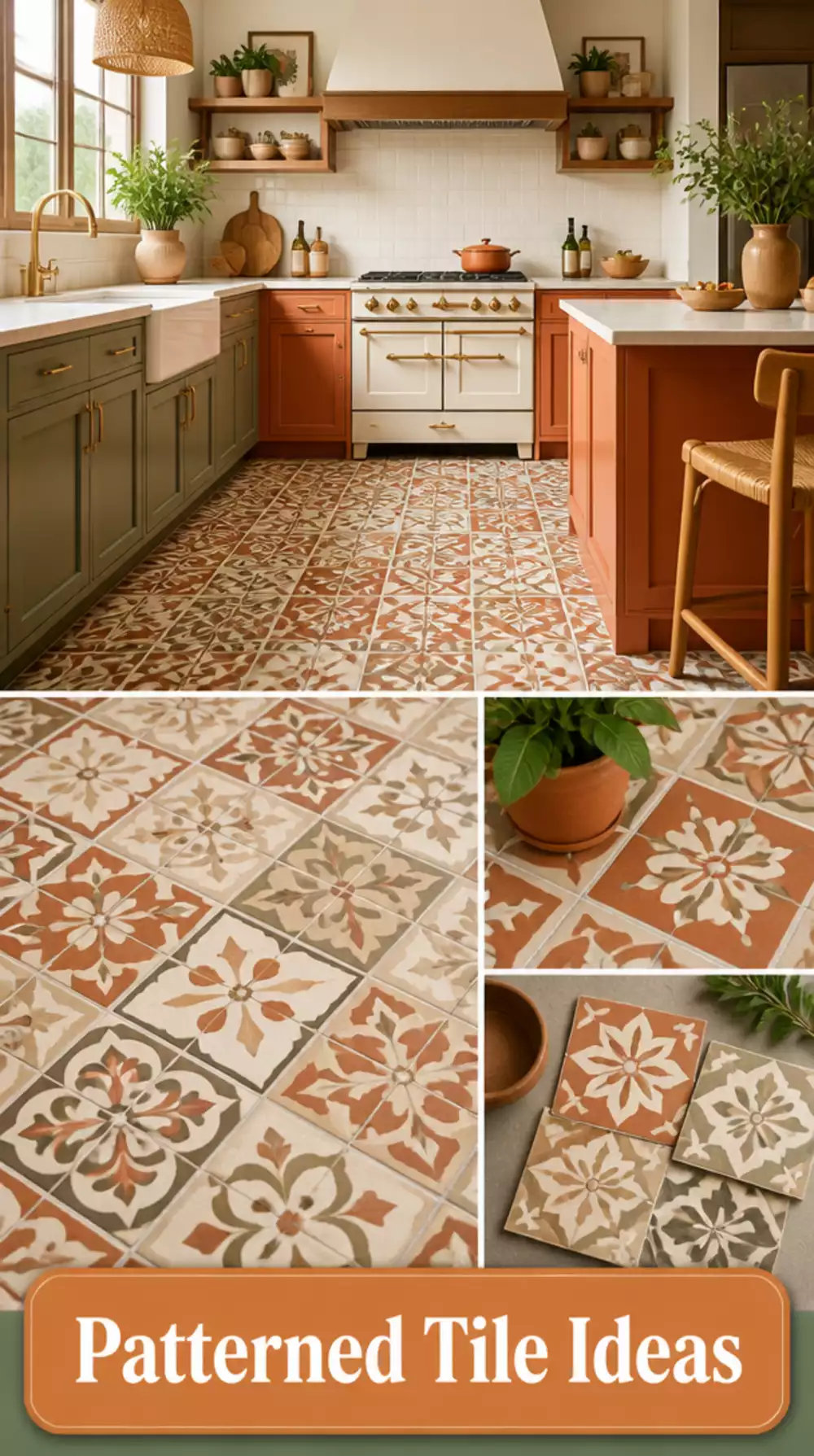 Patterned Encaustic Kitchen Floor Tile in Terracotta and Cream Tones