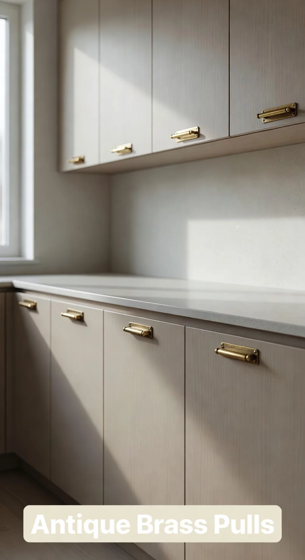 Antique Brass Kitchen Bar Pull on a Flat-Front Modern Cabinet Door