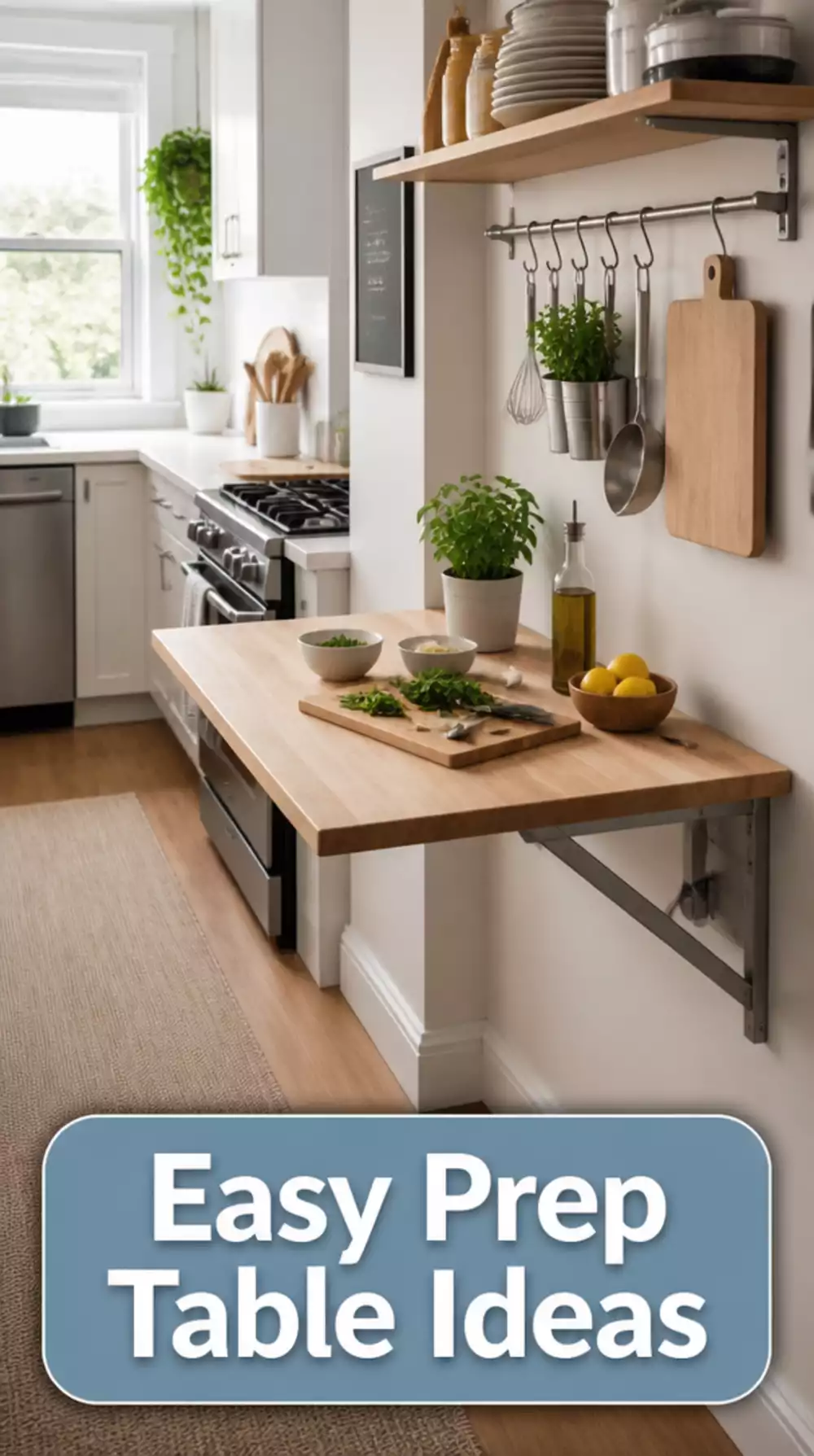 Kitchen Wall-Mounted Fold-Down Prep Table for a Narrow Galley Layout