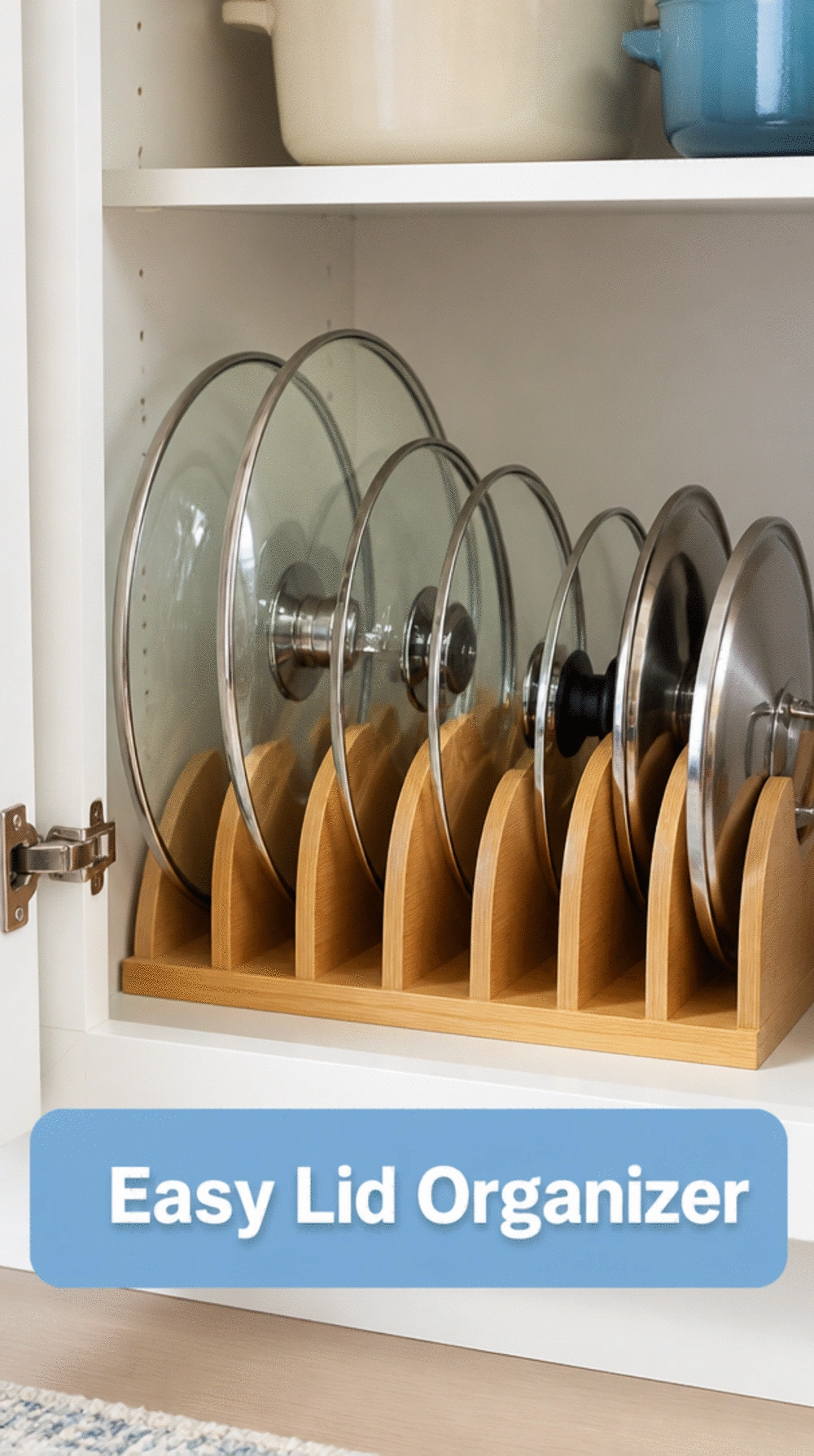 Kitchen Lid Organiser Rack That Stands Upright Inside a Deep Cabinet