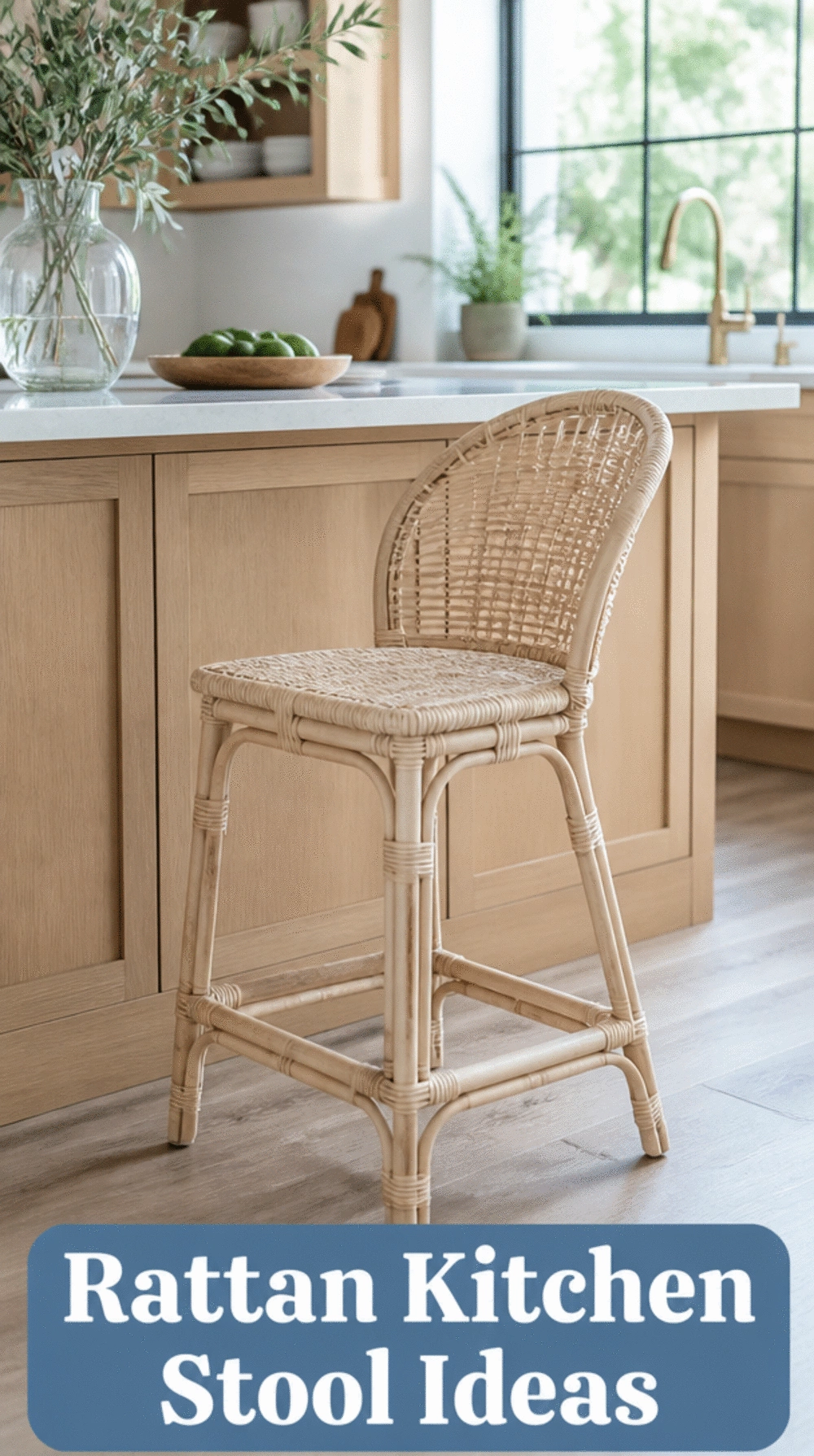 Rattan Kitchen Stool with a Footrest Rail and a Natural Whitewash Finish