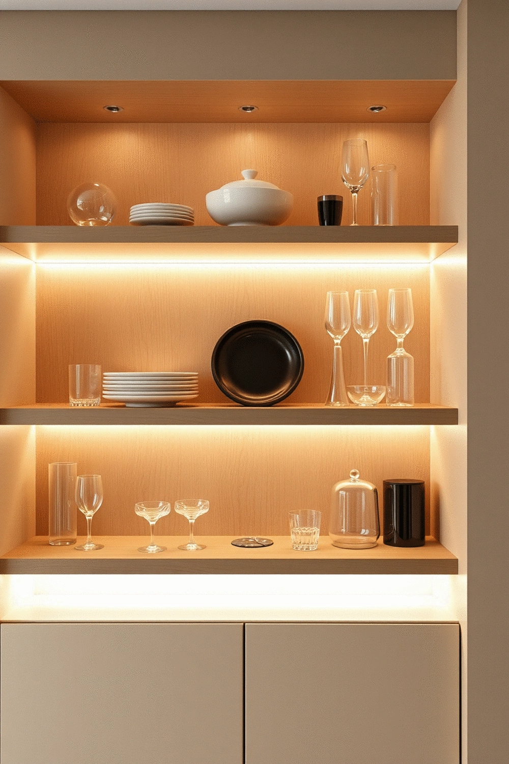 Kitchen shelves with integrated LED strip lighting illuminating decorative dishware and glassware, creating a warm and modern ambiance. Focus on accent lighting details.