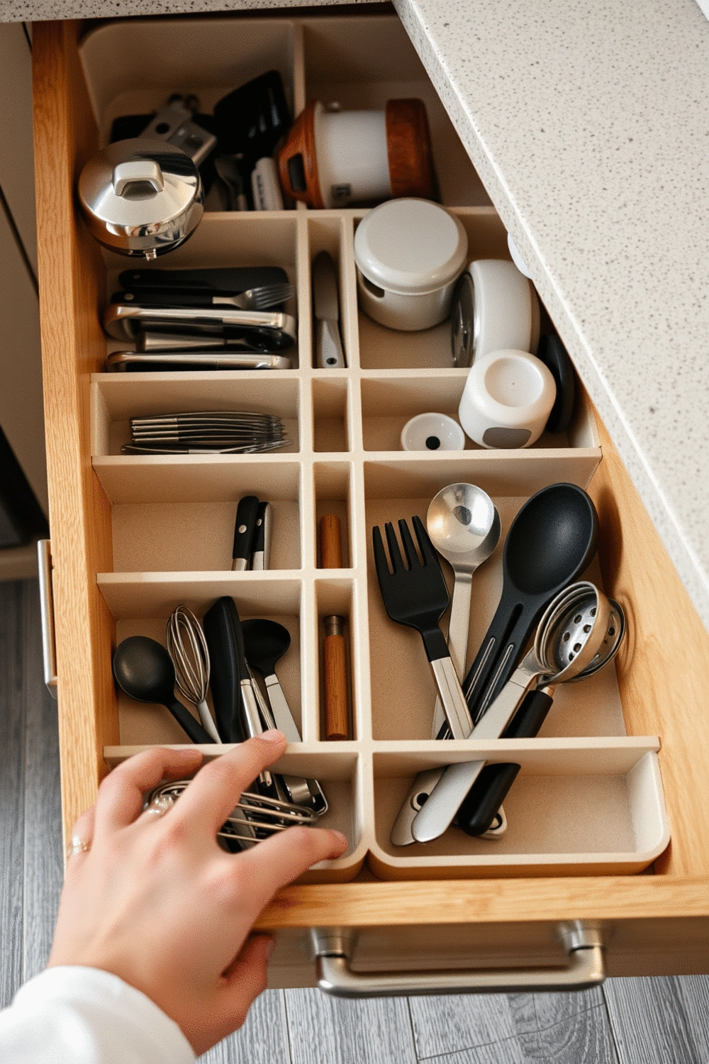 Kitchen drawer with dividers and neatly organized utensils