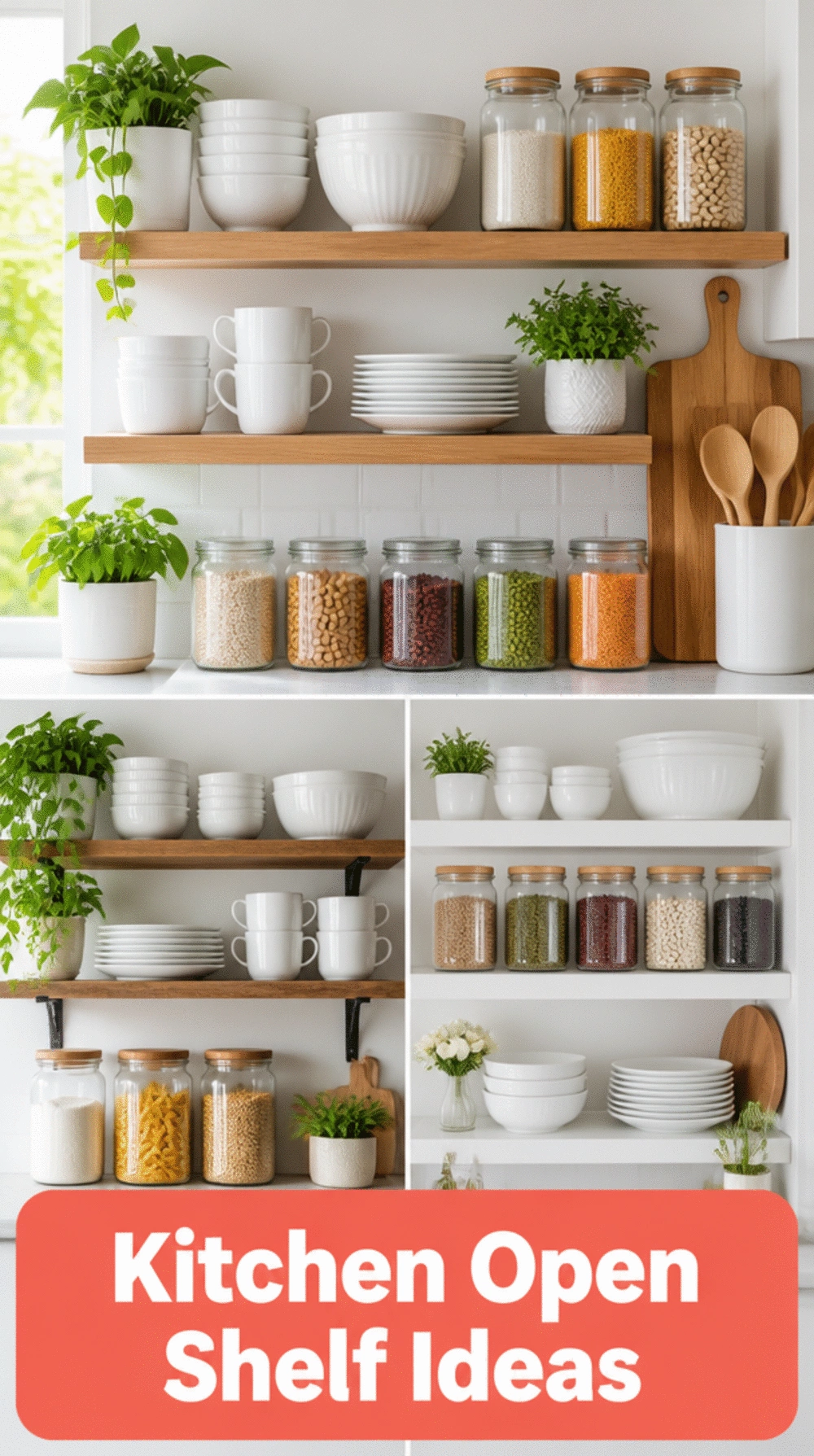 Kitchen Open Shelf Styled with Matching White Crockery and Glass Jars