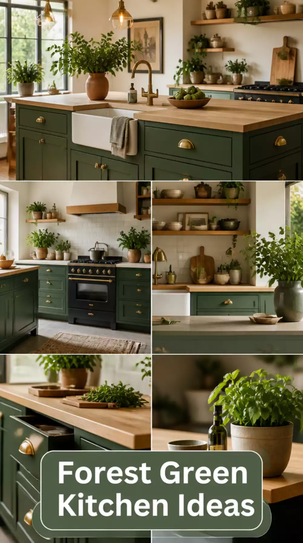 Kitchen Lower Cabinet in Forest Green with a Pale Oak Countertop Above