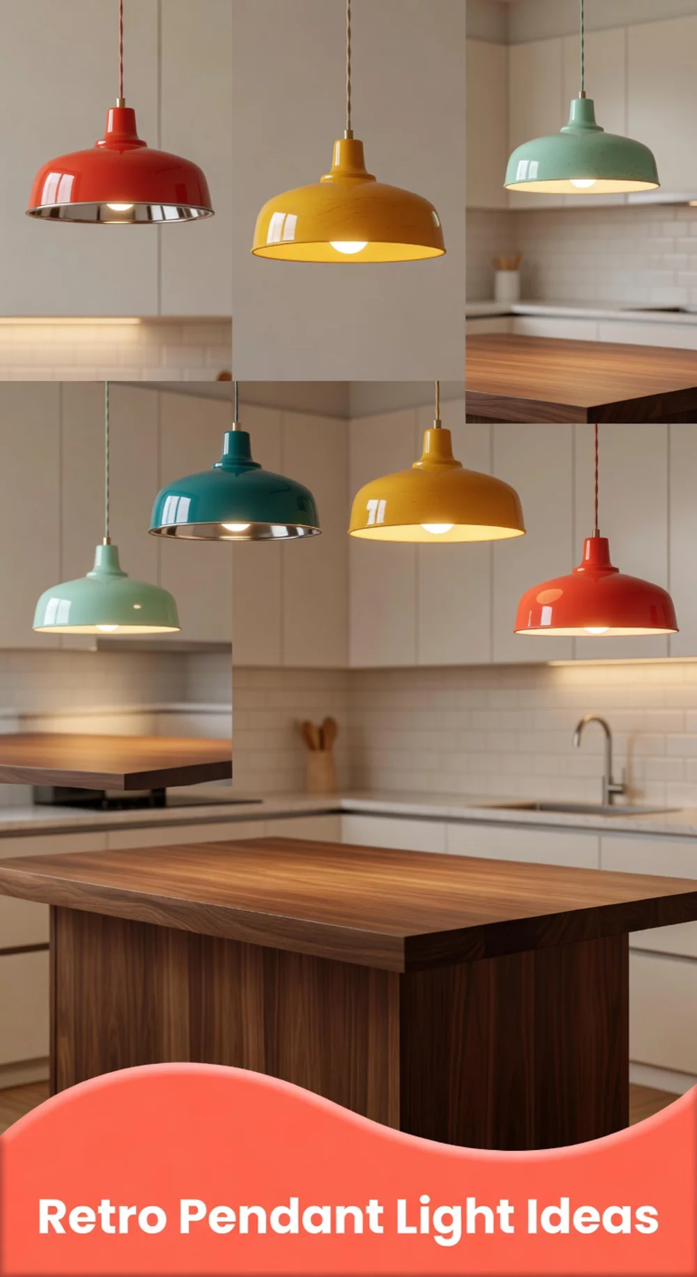 Retro Kitchen Pendant Light in a Coloured Enamel Dome Above the Island