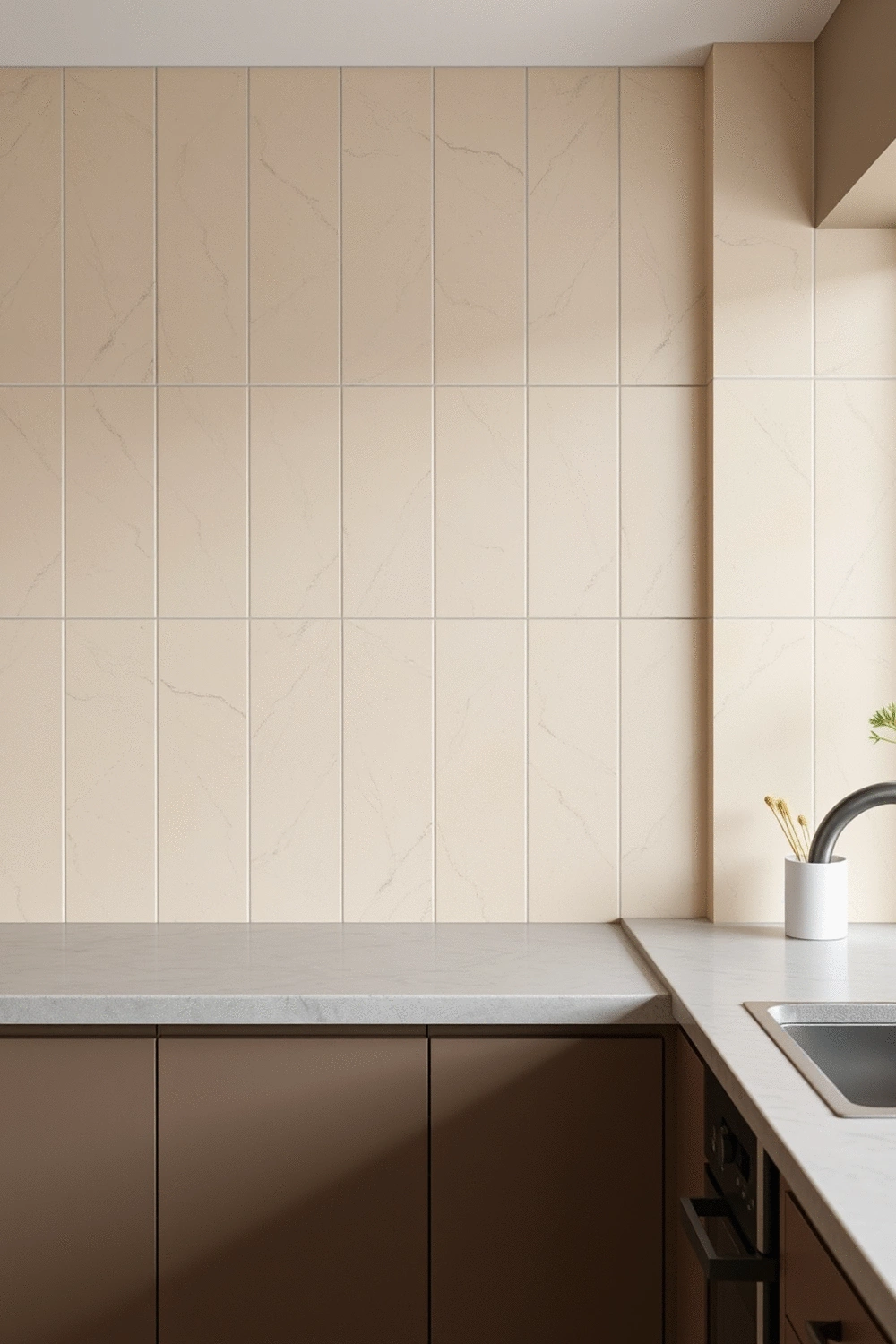 Large-format, matte finish kitchen backsplash tiles in a neutral beige tone, creating a seamless and modern aesthetic.