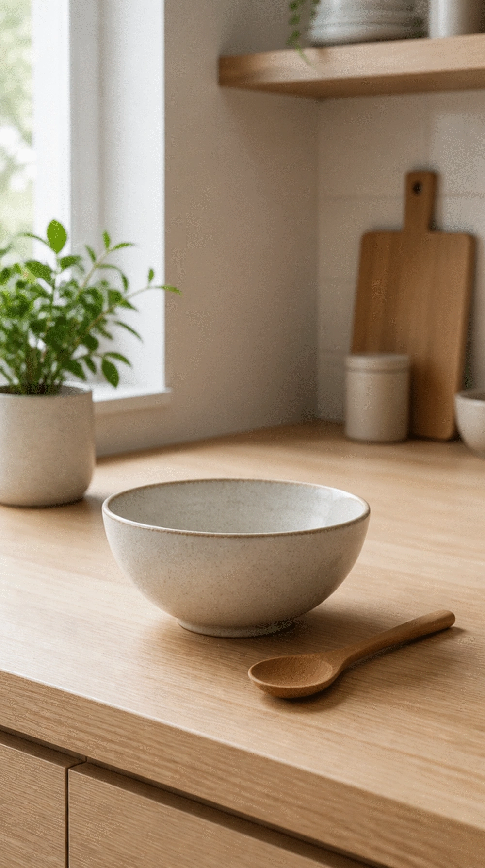 Japandi Kitchen Surface Cleared to a Single Ceramic Bowl and Wooden Spoon
