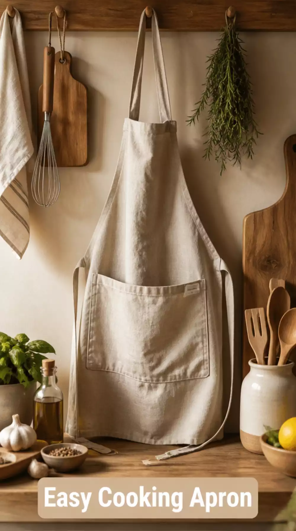 Linen Kitchen Apron in a Washed Natural Tone with a Deep Front Pocket