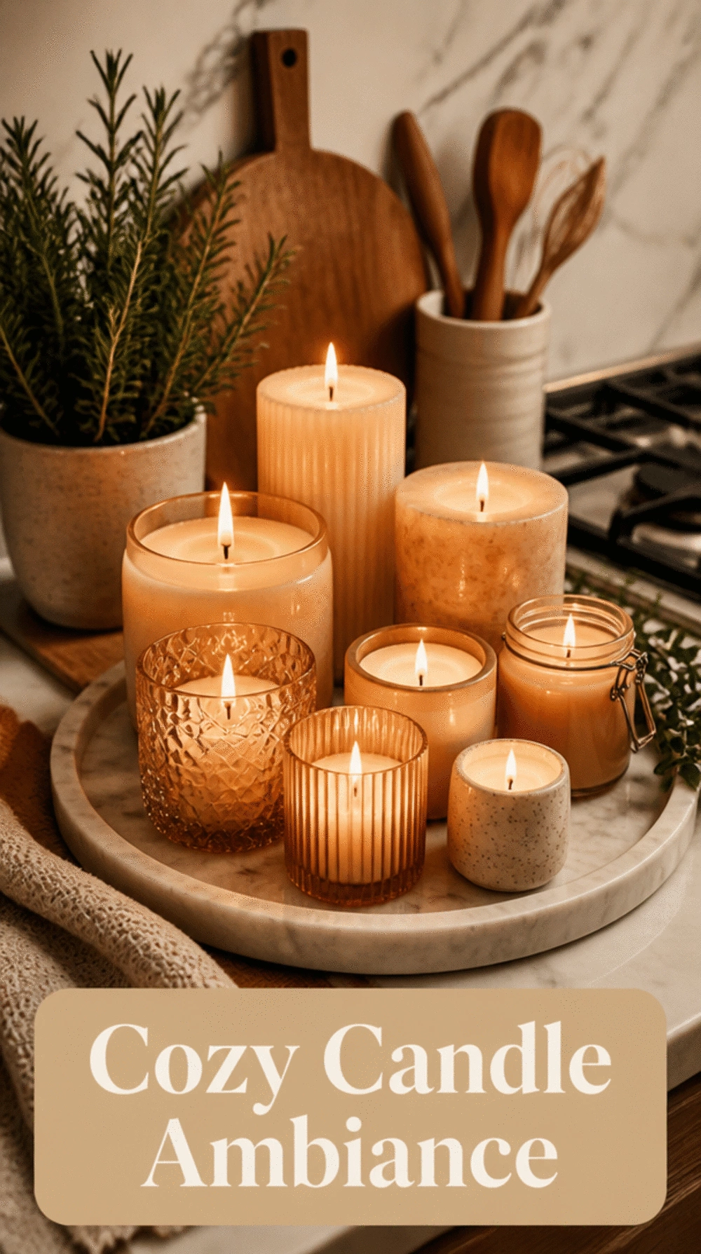 Warm Kitchen Candle Cluster on a Marble Tray Near the Hob for Ambience