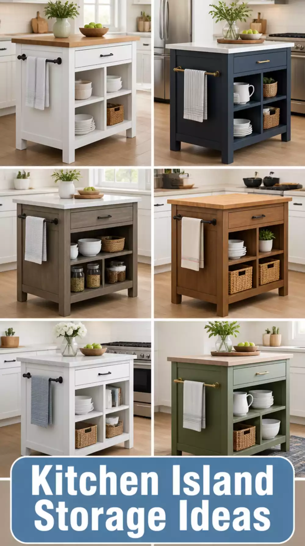 Small Kitchen Island with Open Cubby Storage and Towel Bar Rail