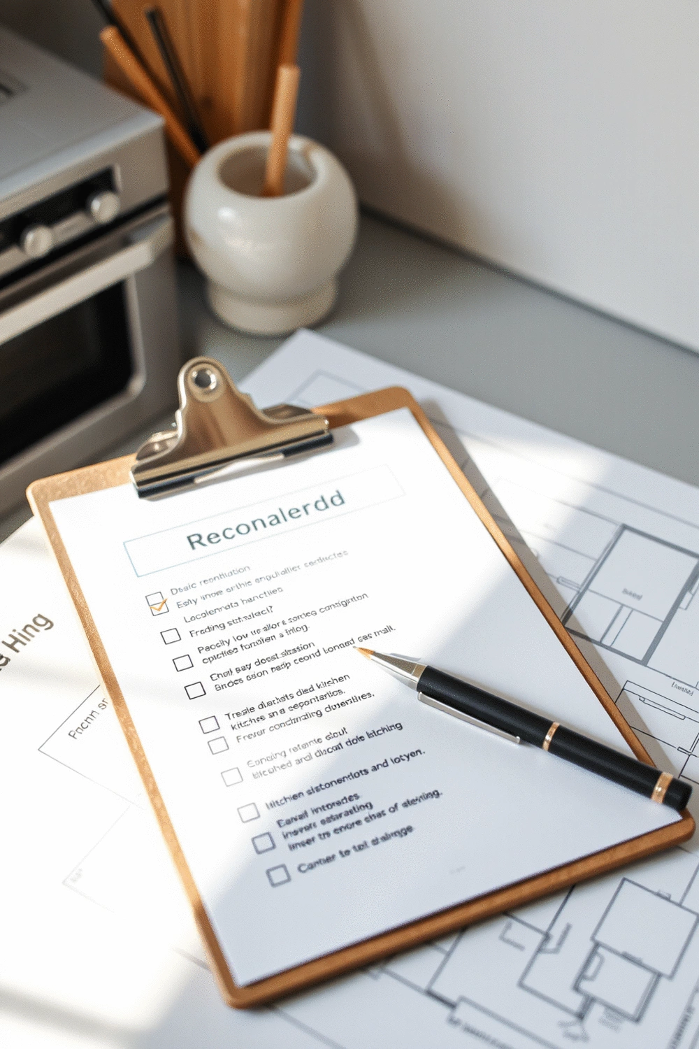 Detailed kitchen renovation checklist on a clipboard with a pen, next to a blueprint of a kitchen design