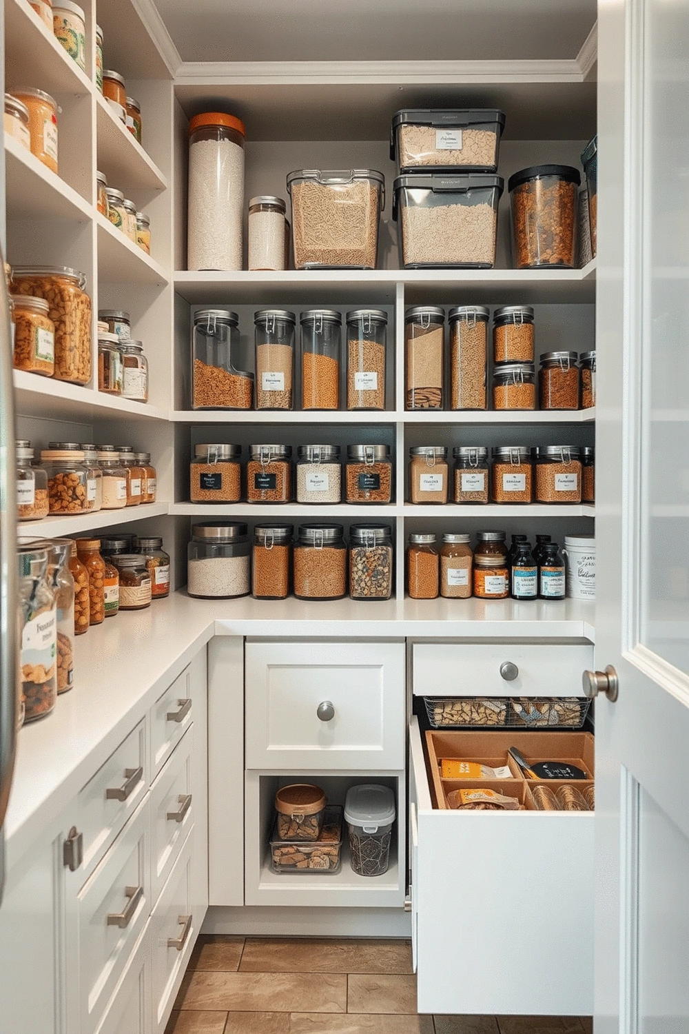 Kitchen pantry with clear containers and organized shelves