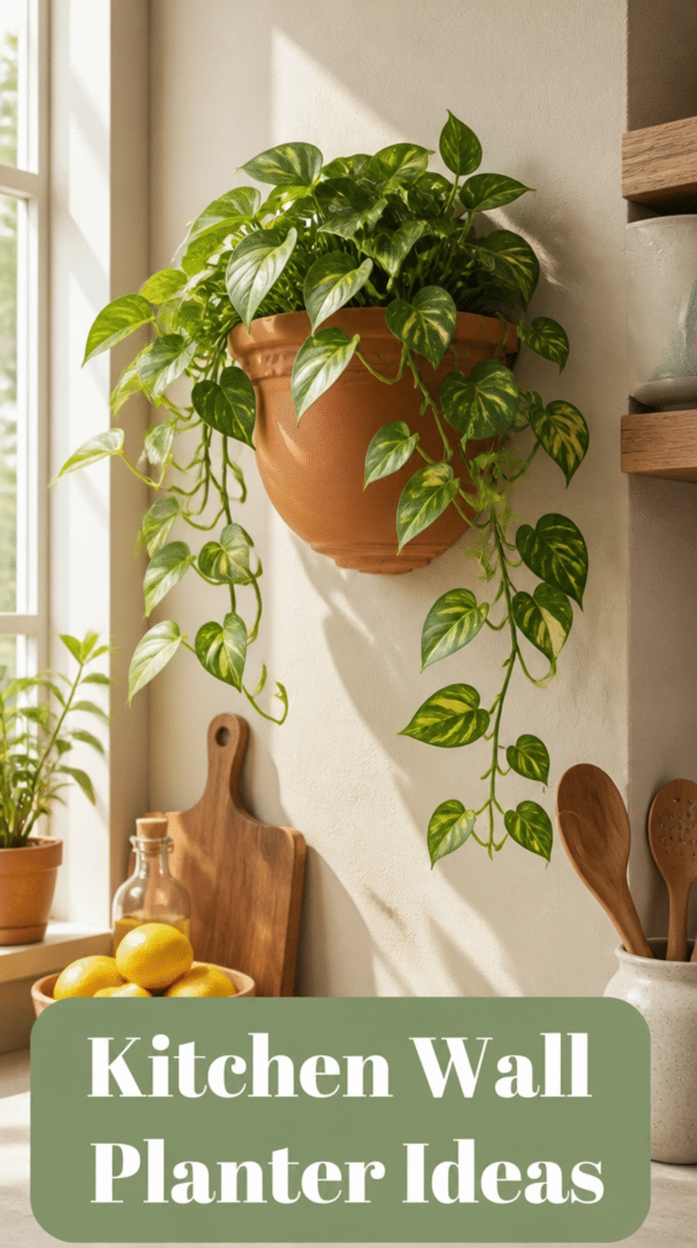 Kitchen Wall Terracotta Planter with a Trailing Pothos in a Sunny Corner