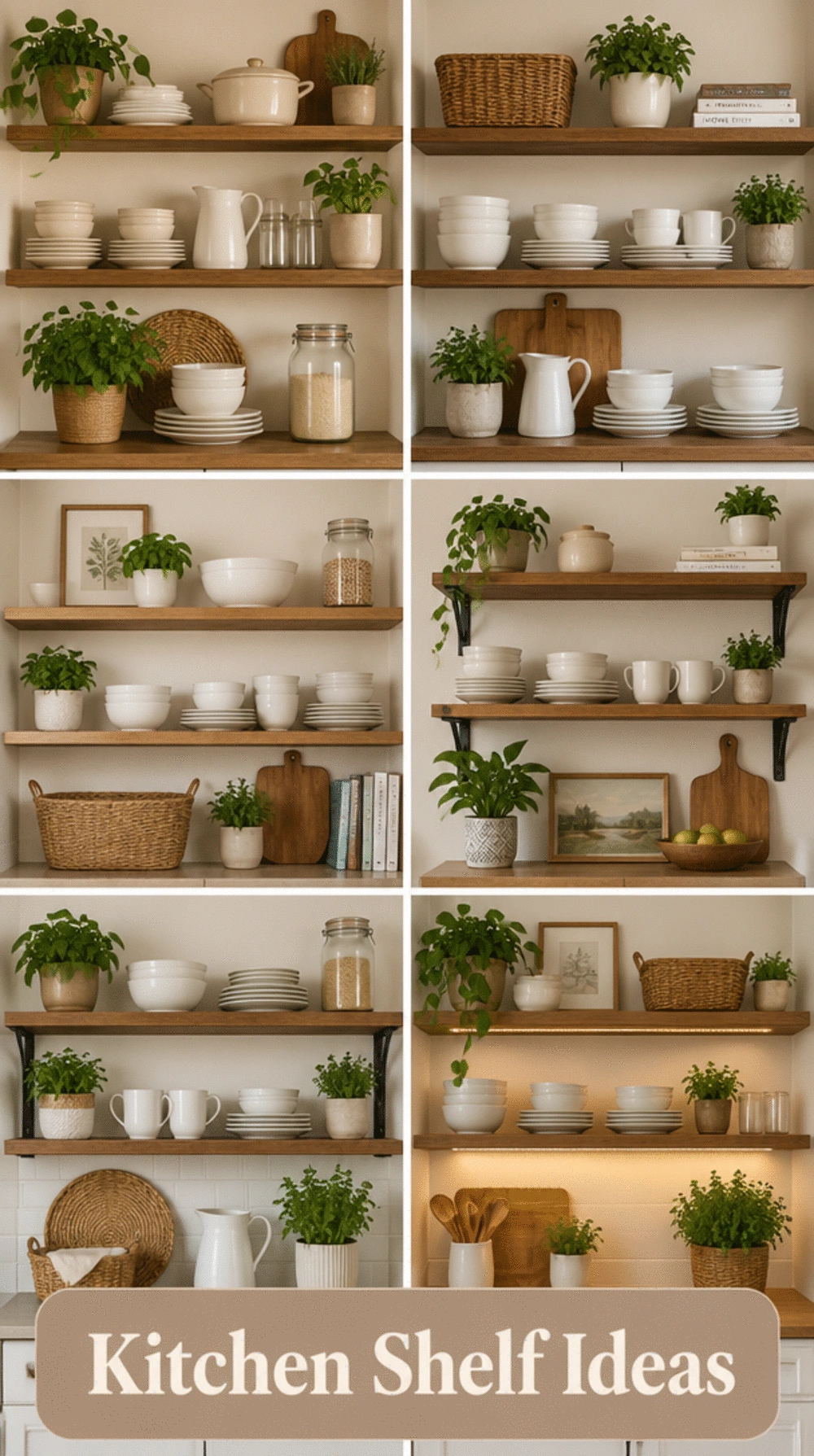 Open Kitchen Shelf Styled with Crockery, Herbs, and Woven Baskets