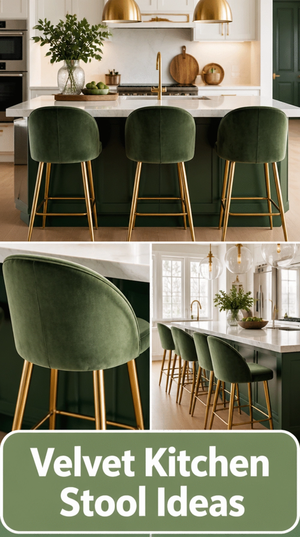 Velvet Kitchen Counter Stool in Deep Sage with a Tapered Gold Leg