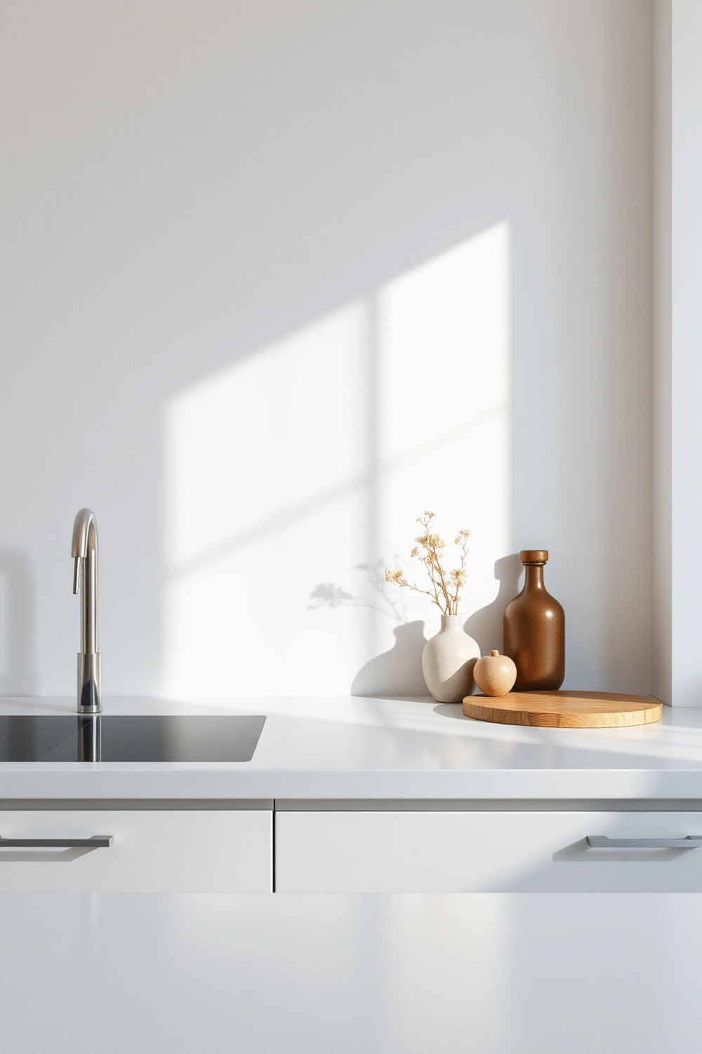 Stylized clean kitchen countertop with minimal decor items and natural light
