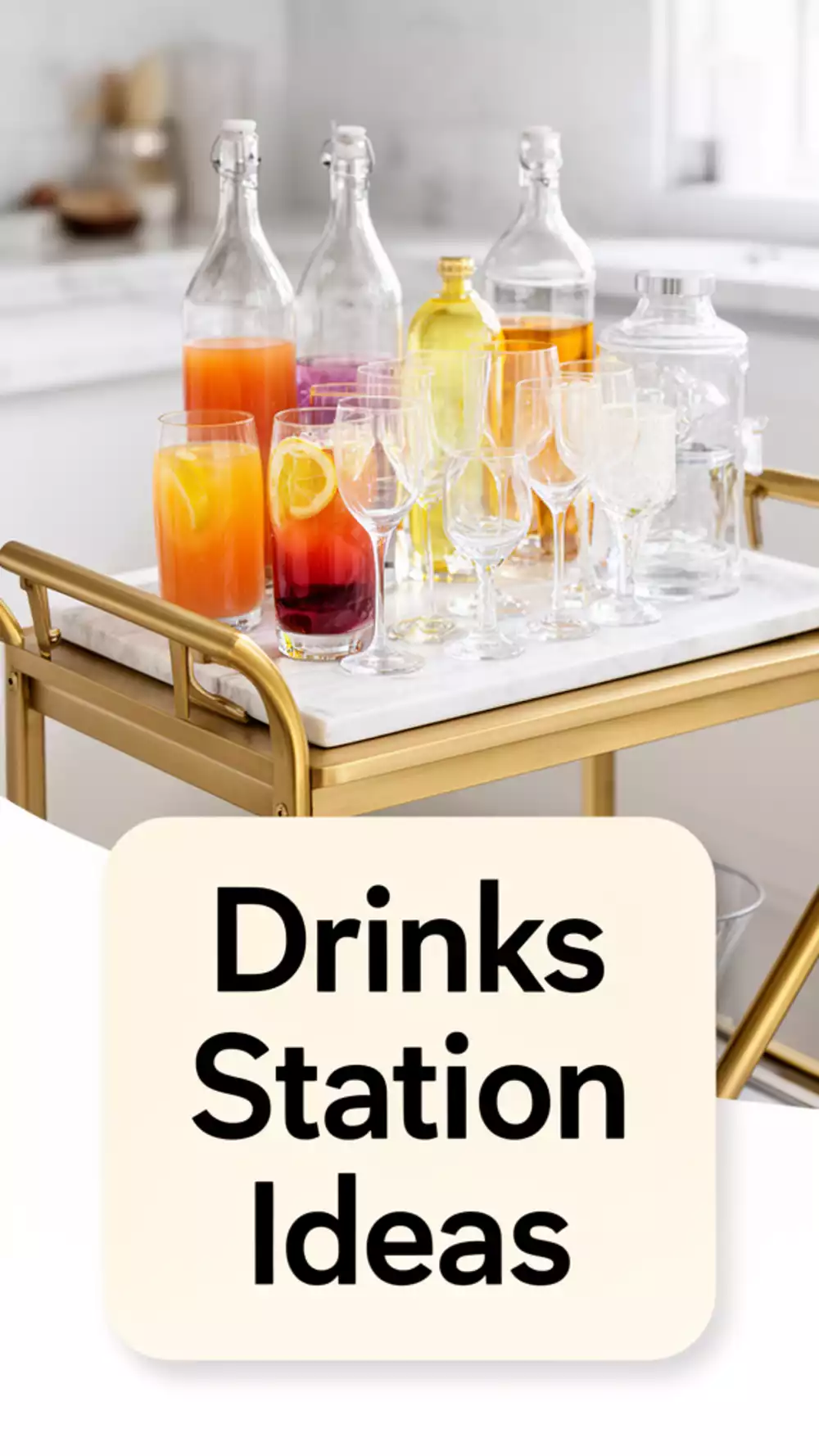Kitchen Drinks Station Trolley in Brushed Gold with a Marble Tray Surface