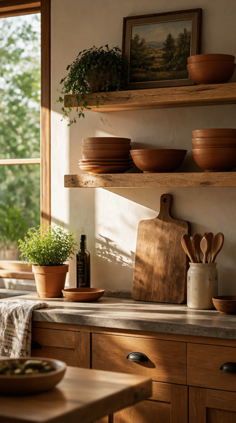 Natural Oak Kitchen Open Shelf Paired with Terracotta Ceramic Bowls