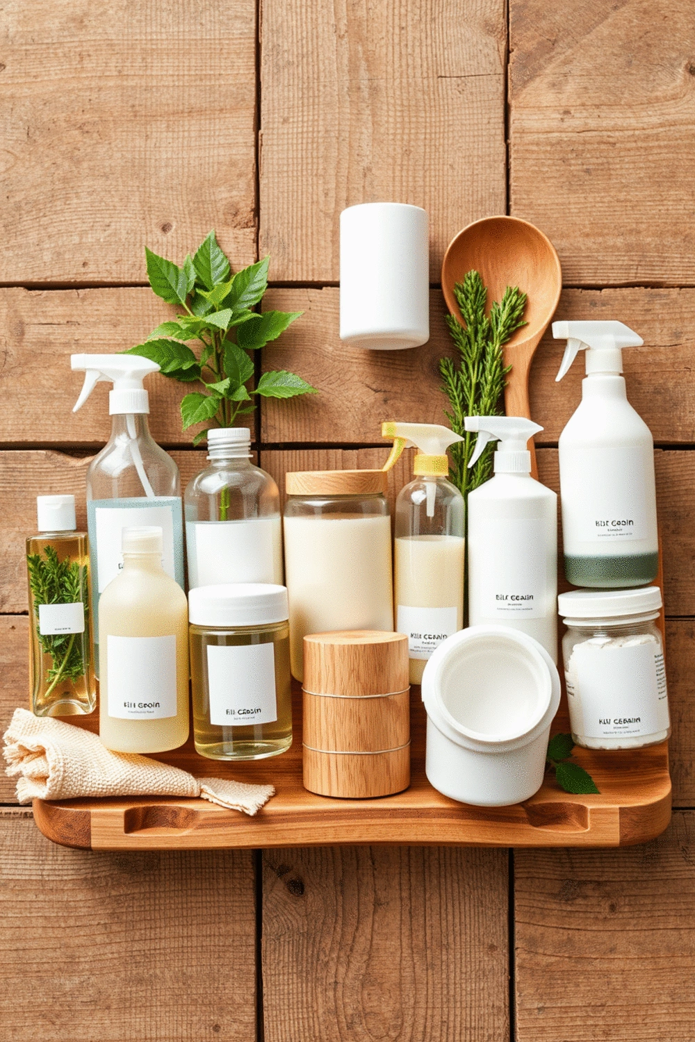 Stylized flat-lay of eco-friendly kitchen cleaning products and reusable storage containers on a rustic wooden surface.