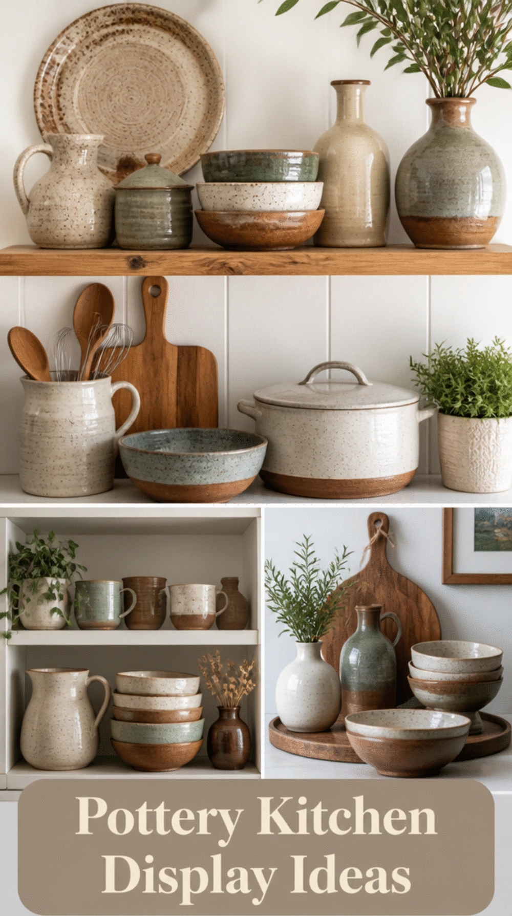 Handthrown Pottery Kitchen Shelf Display That Adds Warmth to White Walls