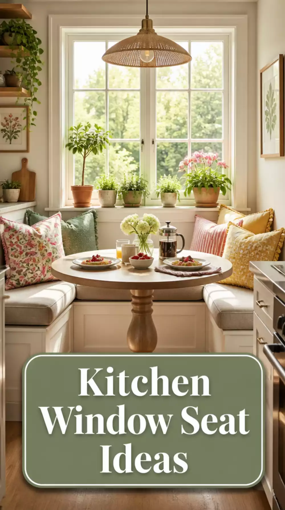 Kitchen Window Seat Dining Nook with Cushions and a Round Pedestal Table