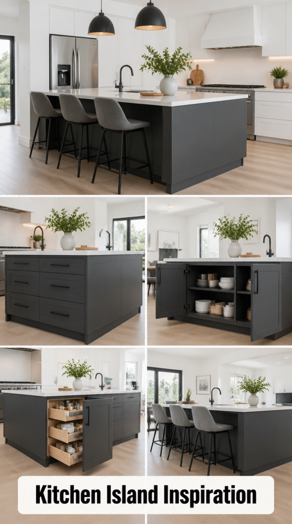 Kitchen Island in Graphite Grey Contrasting a Bright White Perimeter Wall