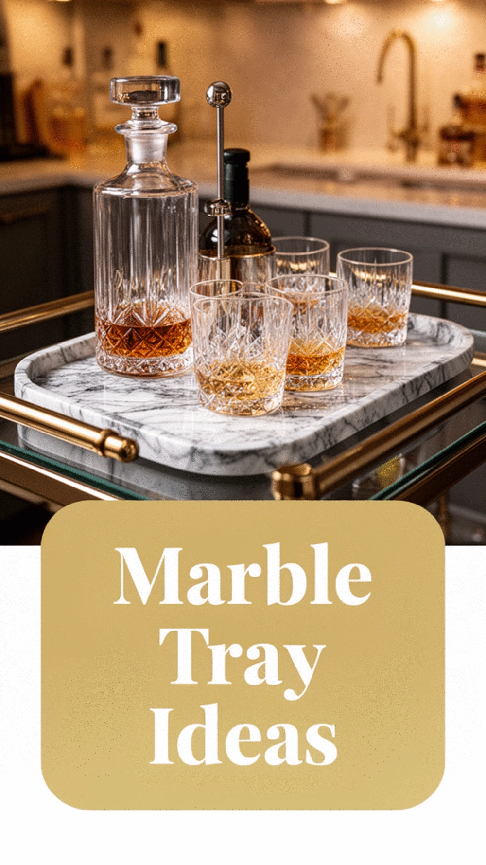 Kitchen Bar Tray in Marble with a Decanter Set and Matching Whisky Glasses