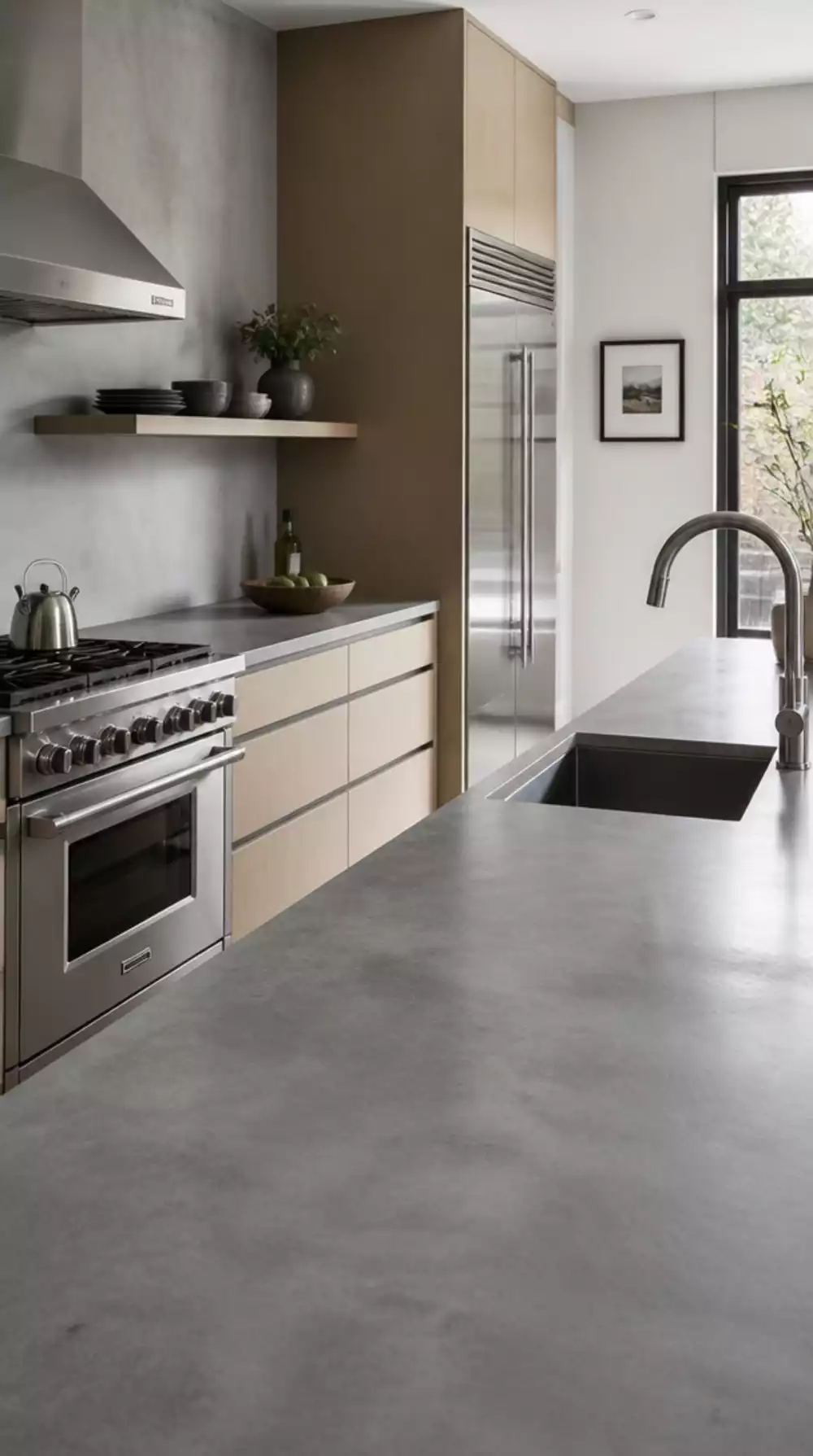 Kitchen Concrete Countertop Sealed in a Smooth Mid-Tone Grey Finish