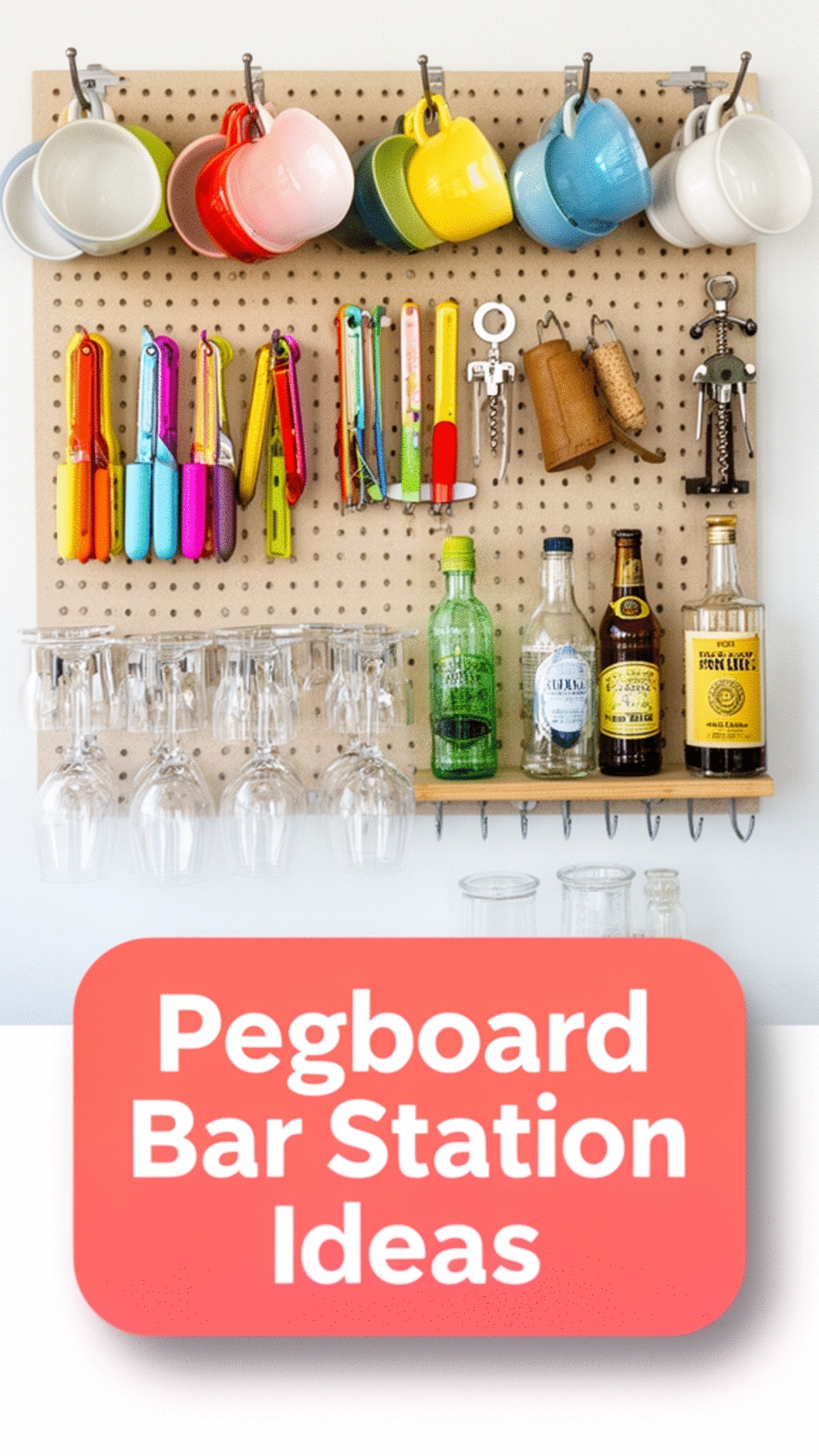 Kitchen Pegboard Bar Station with Hooks for Mugs Glasses and a Corkscrew