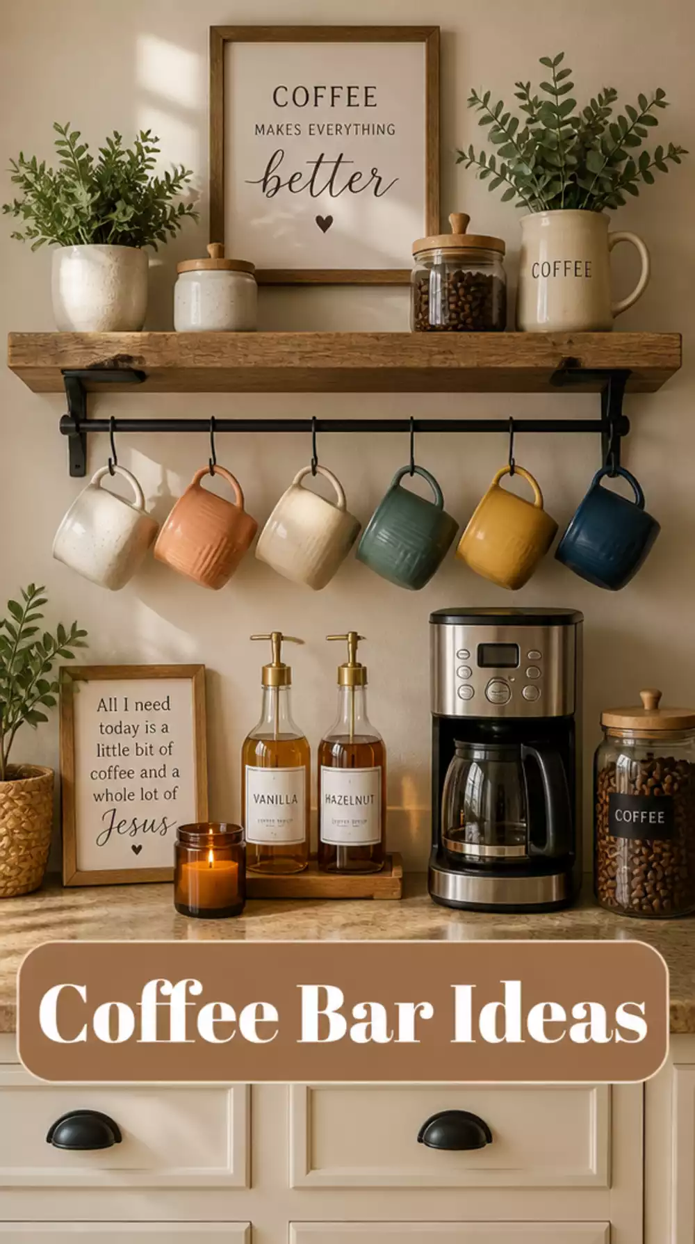 Kitchen Coffee Bar Floating Shelf with Mugs Hung on Hooks Below