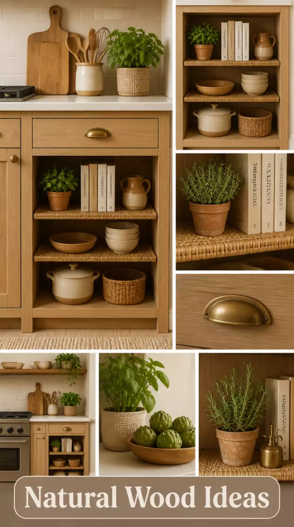 Natural Wood Kitchen Cabinet Base with Open Rattan Shelf Inserts