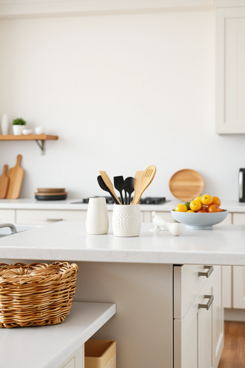 Kitchen island with decorative baskets and neatly arranged cooking utensils
