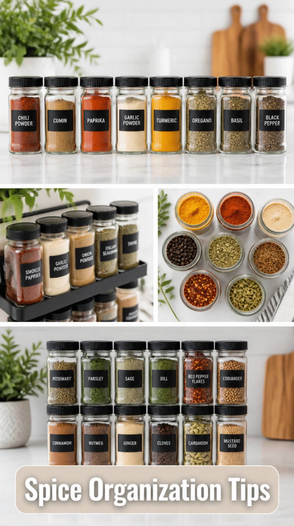 Slim Kitchen Counter Spice Jar Set in Uniform Glass with Black Labels