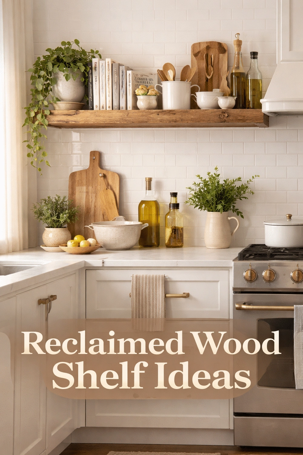 Warm White Kitchen with a Reclaimed Wood Floating Shelf Above the Hob