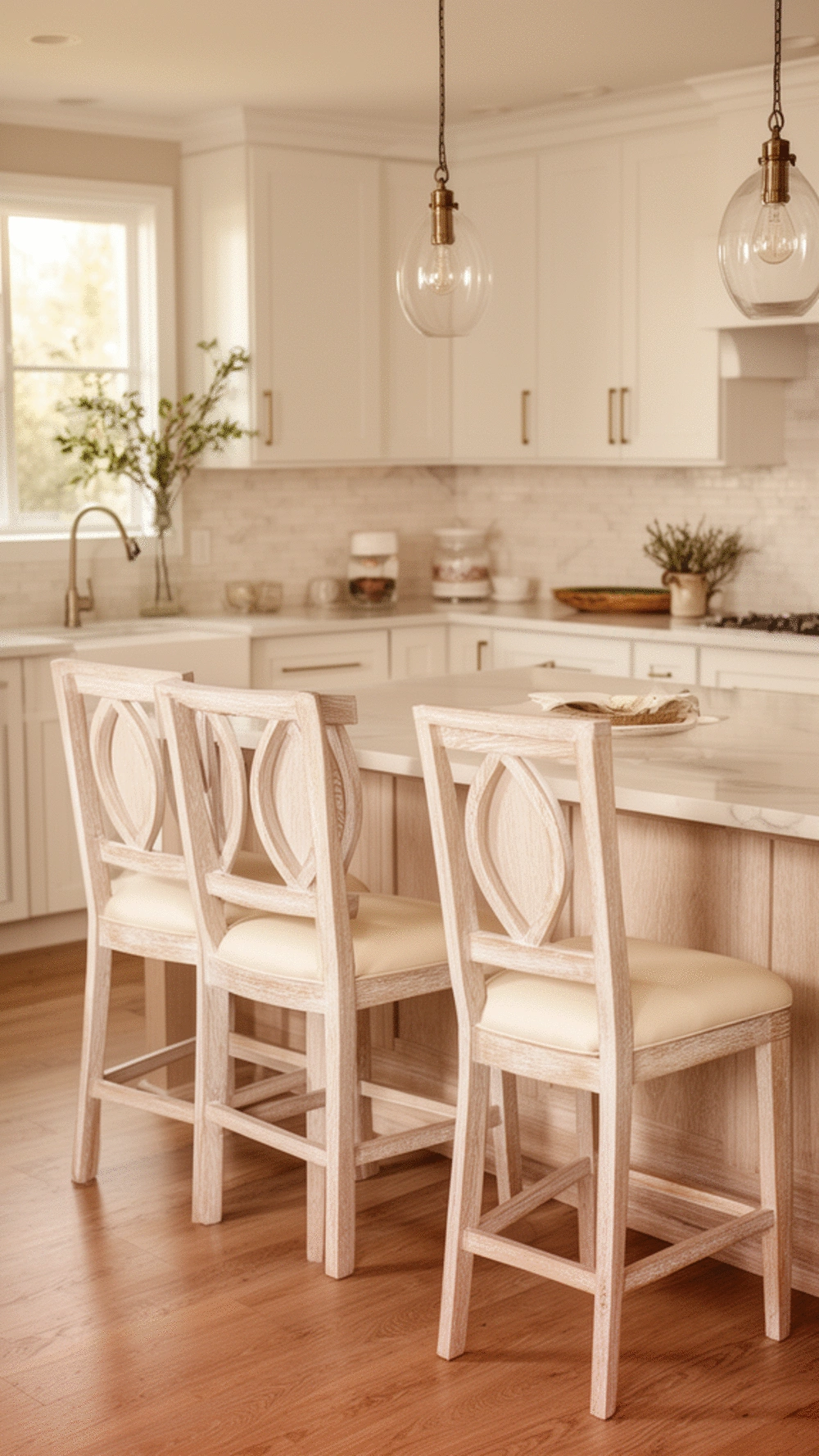 Kitchen Bar Chair in White Oak with an Upholstered Cream Seat Cushion