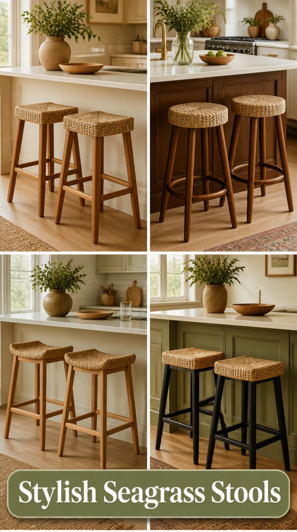 Kitchen Counter Stool with a Woven Seagrass Seat and Tapered Wood Legs