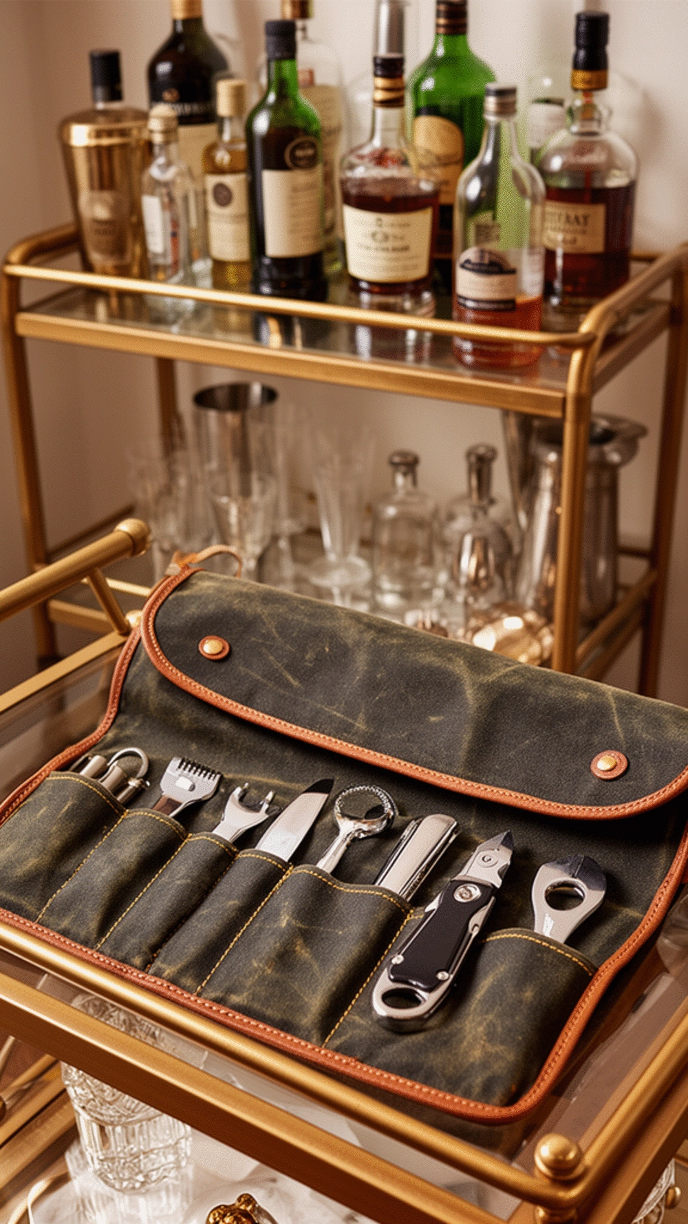 Kitchen Cocktail Tool Roll in a Waxed Canvas Case Stored on a Bar Cart