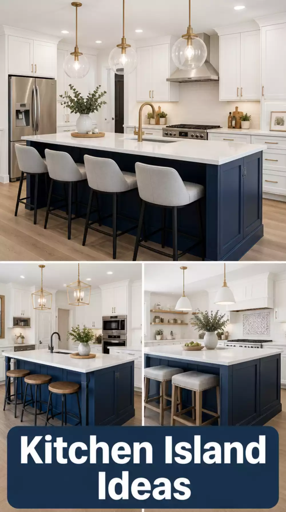 Kitchen Island in a Deep Navy Contrasting with White Perimeter Cabinets