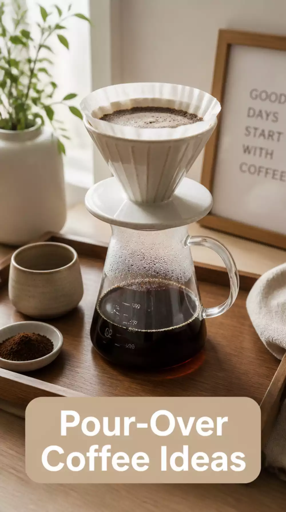 Pour-Over Kitchen Coffee Setup on a Timber Tray with a Ceramic Dripper