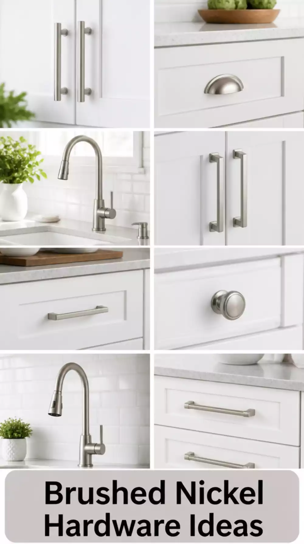 White Kitchen Hardware in Brushed Nickel for a Clean Monochrome Finish