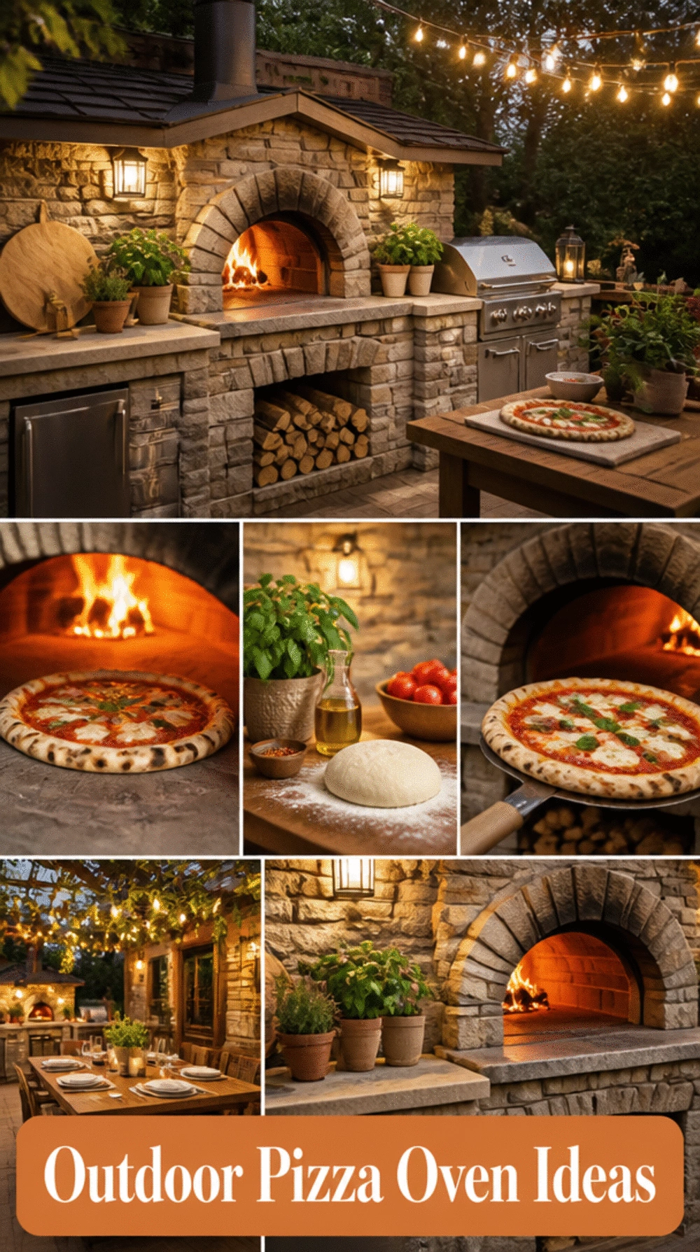 Outdoor Kitchen Wood-Fired Pizza Oven Built into a Stone Surround Wall