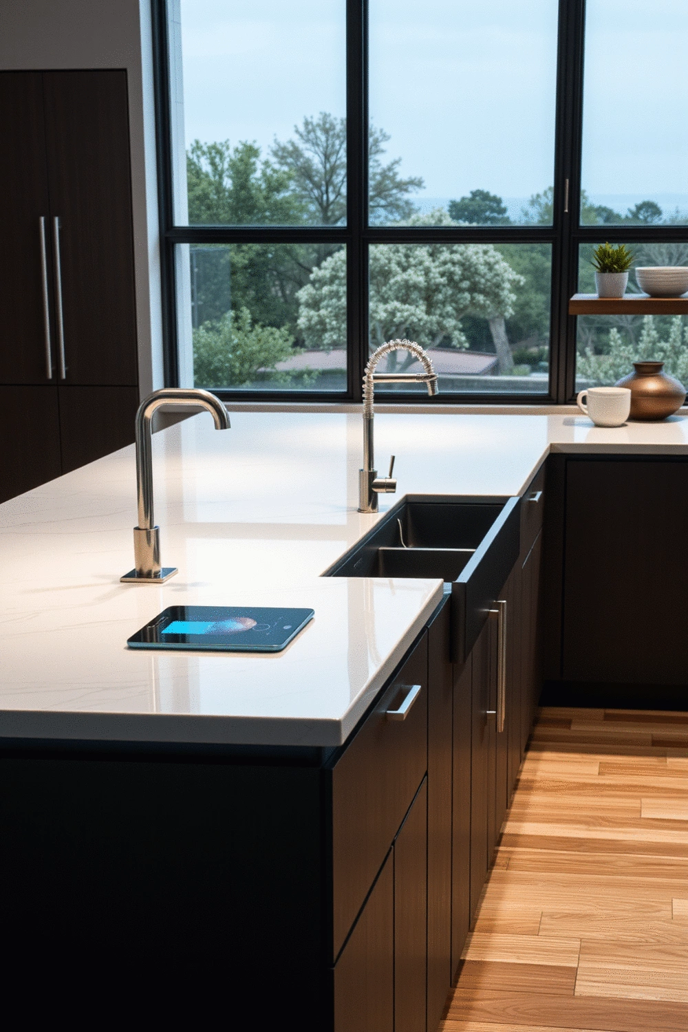 Kitchen island with integrated smart technology, including a wireless charging pad, a built-in smart display, and touchless faucet, with sleek, minimalist design.