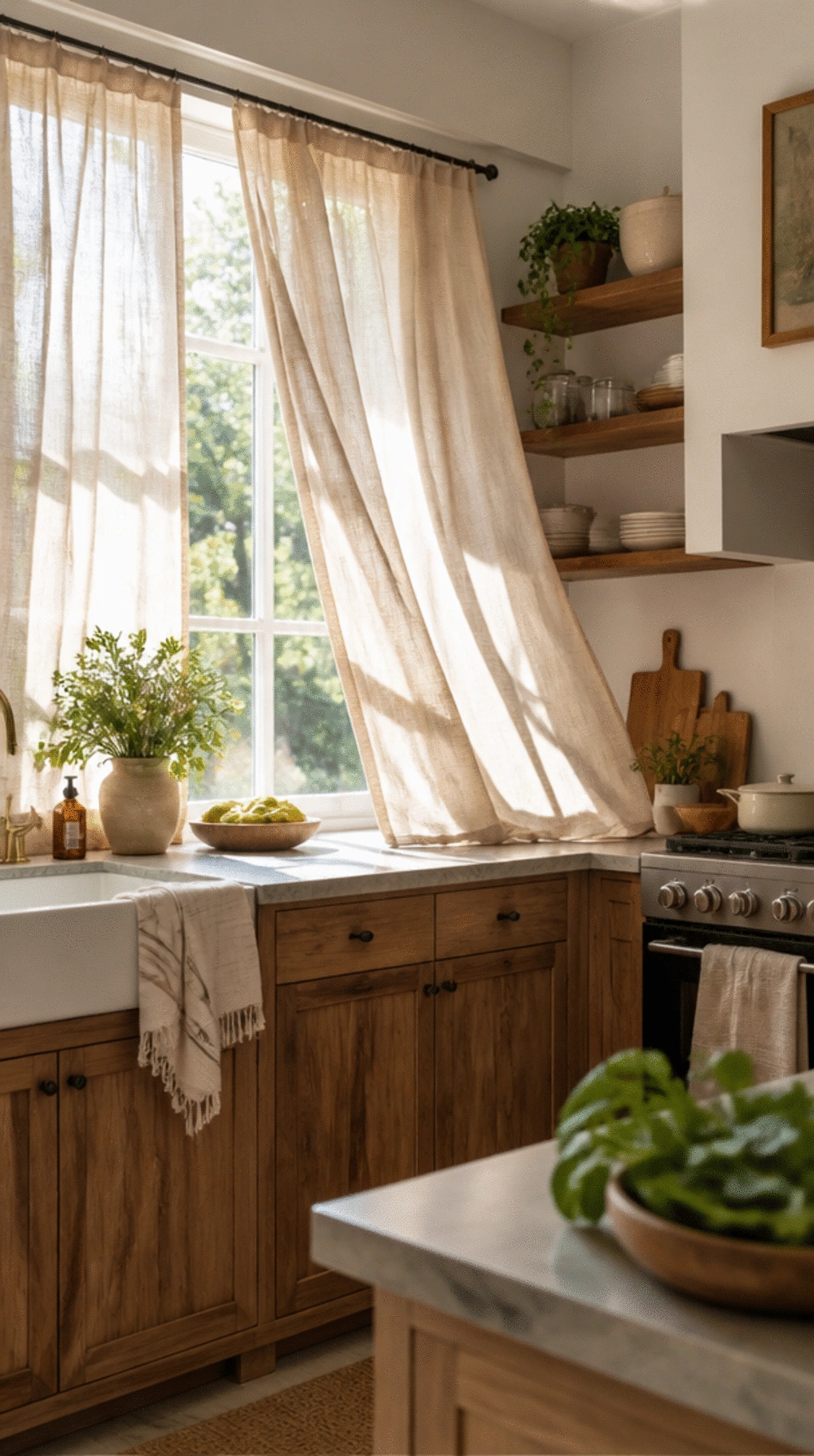 Kitchen Window Linen Curtain in a Warm Oat Colour That Softens Hard Lines
