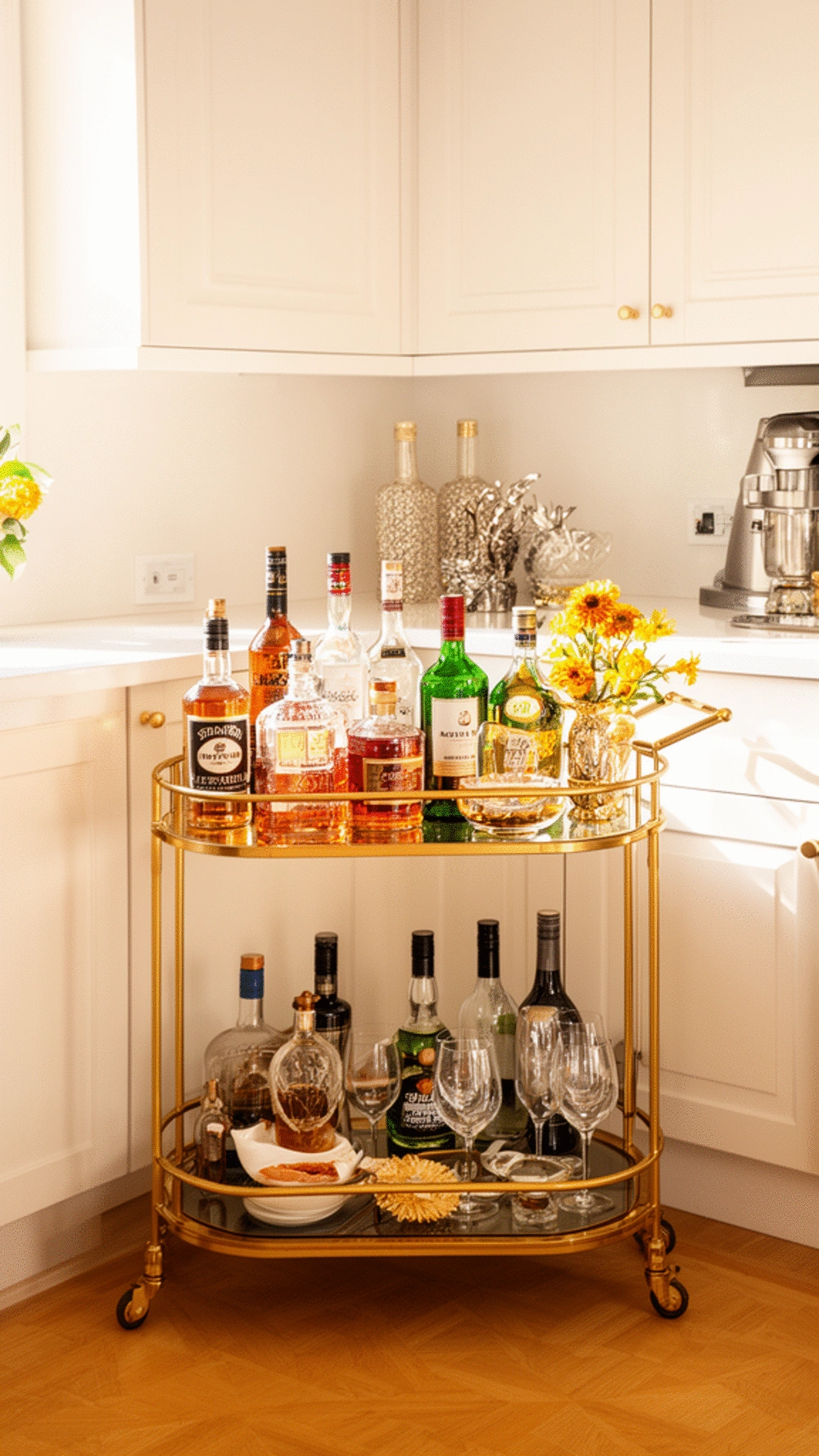 Why a Kitchen Bar Cart Tucked in a Corner Makes Any Party Feel Intentional
